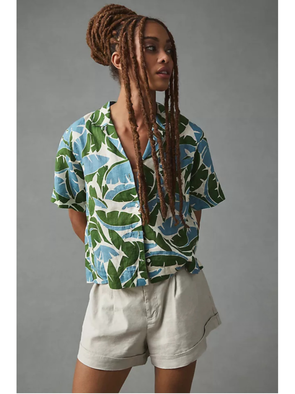 Birds of Paradis Trovata NWOT Linen Nico‎ Shirt Blue Green Banana Leaf Print S